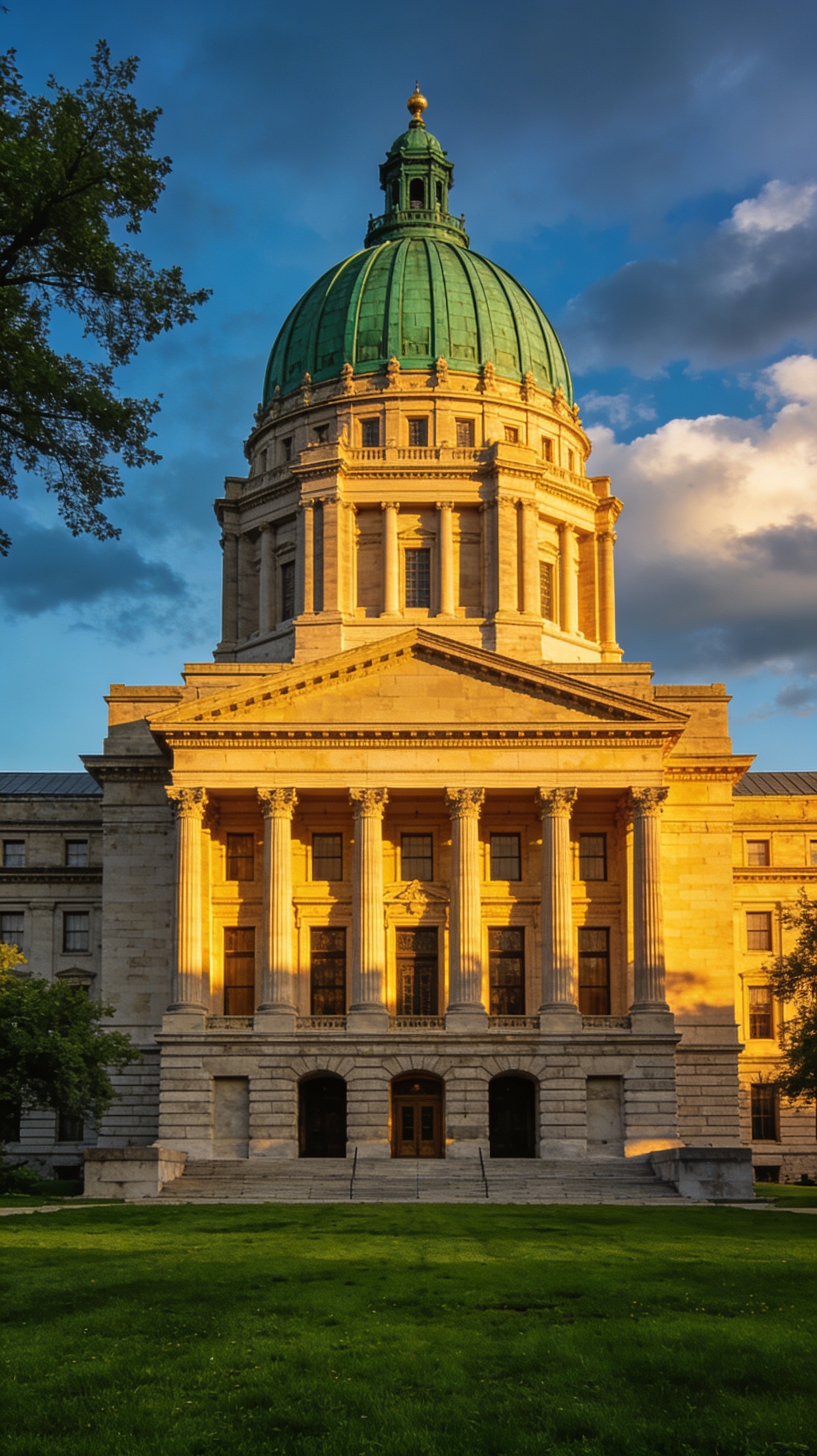 Manitoba Legislative Building with green copper dome illuminated by golden hour sunlight against a blue sky, surrounded by green lawn