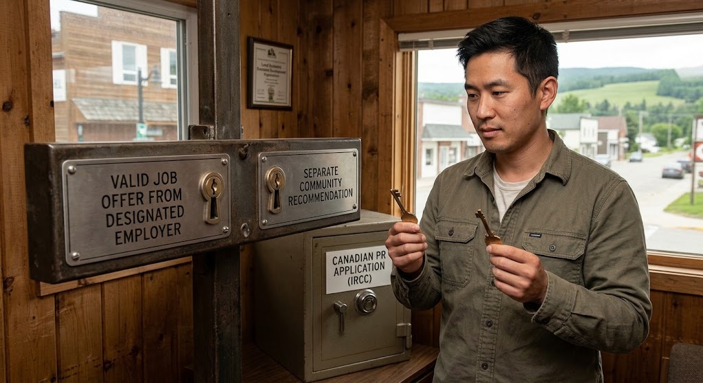 A close-up photograph of a man holding two separate brass keys, standing before a large antique locking mechanism that secures a safe labeled 'IRCC PR APPLICATION.' The left keyhole has a metal plate labeled 'VALID JOB OFFER' and the right keyhole is labeled 'COMMUNITY RECOMMENDATION,' with an expression of intense focus on the applicant's face.