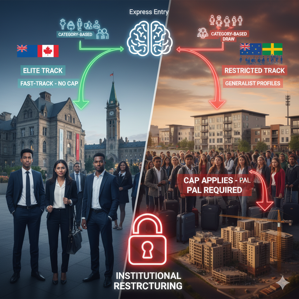 Visualizing Canada's two-tier student immigration system, distinguishing elite and restricted tracks.