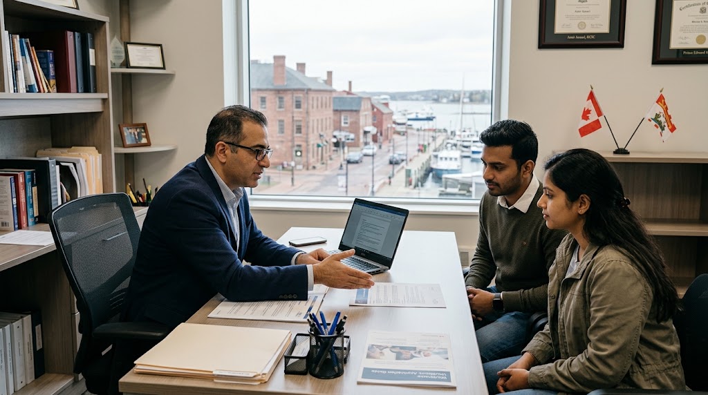 An indoor photo of a licensed immigration consultant, Amir Ansari, sitting at his office desk in Prince Edward Island and advising a young South Asian couple. The consultant, wearing a navy blazer and glasses, gestures toward paperwork and an open laptop as he explains PEI PNP requirements. The clients listen attentively. A large window behind them overlooks a historic PEI waterfront with brick buildings, docks, and a harbor under an overcast sky. Small Canadian and Prince Edward Island flags, along with certificates and bookshelves, are visible in the office.