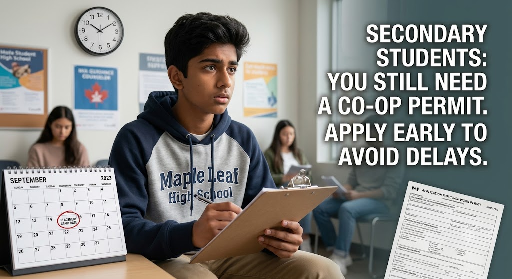A photograph of a focused South Asian male high school student wearing a "Maple Leaf High School" hoodie, filling out a co-op work permit application by hand. A calendar nearby has a placement date circled. A text overlay reads: "SECONDARY STUDENTS: YOU STILL NEED A CO-OP PERMIT. APPLY EARLY TO AVOID DELAYS."