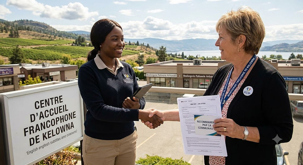A smiling young Black woman and an older Caucasian woman shake hands on an outdoor balcony overlooking a valley in Kelowna, British Columbia. The older woman holds a document clearly labeled 'JOB OFFER' and 'RECOMMANDE PAR LA COMMUNAUTE'. A prominent sign in the foreground reads 'CENTRE D'ACCUEIL FRANCOPHONE DE KELOWNA'.