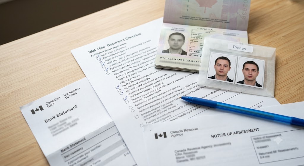 A top-down photograph of an organized arrangement of application documents on a light wood desk, including an IMM 5644 checklist with filled-out checkboxes, an open Canadian passport, two compliant passport photos in a clear sleeve, a bank statement, and a Canada Revenue Agency Notice of Assessment. A blue pen rests on the papers.
