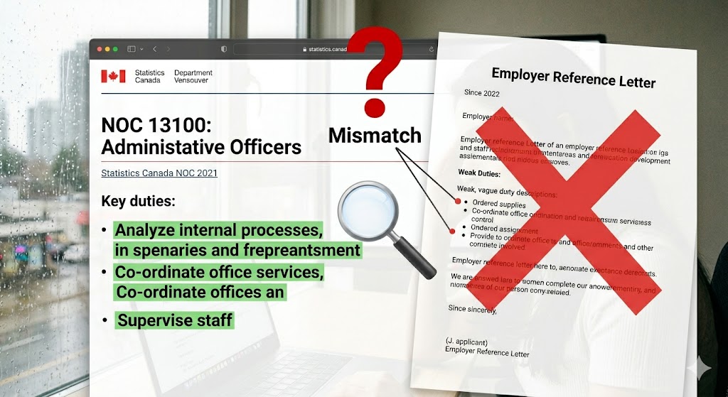 A conceptual split-screen infographic contrasting high-level National Occupational Classification (NOC) duties from Statistics Canada with vague descriptions in an employer reference letter, marked with a red 'X' and question mark to signify an alignment mismatch.