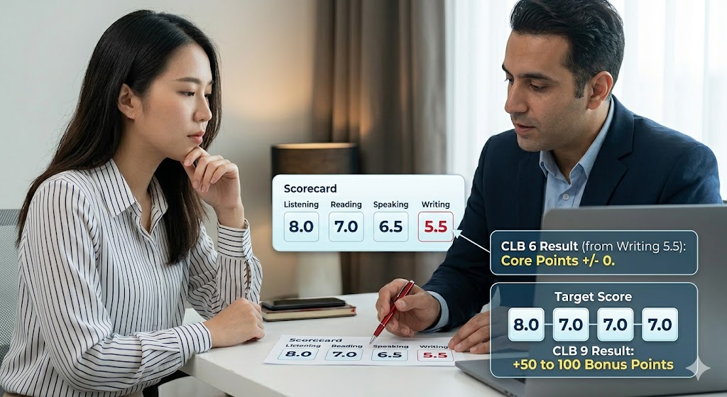 A realistic photograph of a consultation between an East Asian woman applicant and a male immigration consultant. They are examining a physical scorecard where the consultant highlights a 'Writing 5.5' result as the weak ability with a red pen. Next to them, a laptop screen shows a graphical comparison: one path labeled 'Current CLB 6' (based on the 5.5) and a second path labeled 'CLB 9 Target (8.0, 7.0, 7.0, 7.0)', which includes a prominent highlight of '+50 to 100 Bonus CRS Points'.