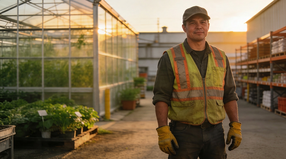 Ontario worker in safety gear standing against a softly blended backdrop of greenhouse, warehouse, and industrial settings.