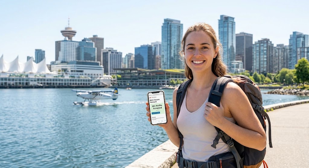 A smiling young woman with a backpack stands on the Stanley Park seawall in Vancouver, holding up a smartphone. The phone screen clearly shows an 'IRCC Secure Account' interface with the success status: "IEC Profile Accepted." The background features the Vancouver downtown skyline and a floatplane landing on Burrard Inlet.