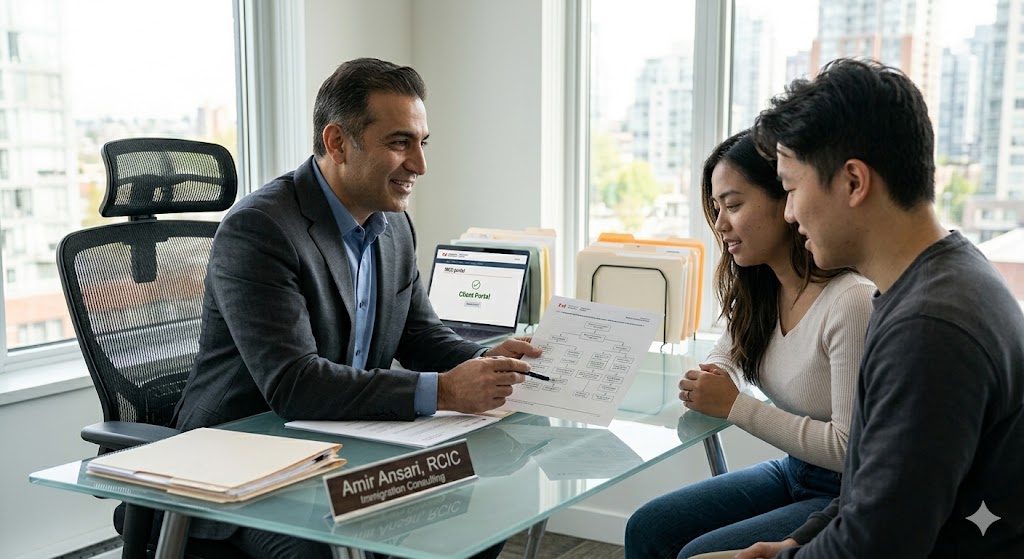 A professional photograph inside a modern Vancouver immigration consulting office. Amir Ansari, a Middle Eastern man in a tailored charcoal suit, is seated at a glass desk smiling reassuringly. He is pointing at a detailed strategic flowchart on a document he is explaining to the East Asian couple seen previously, who now appear engaged and relieved.
