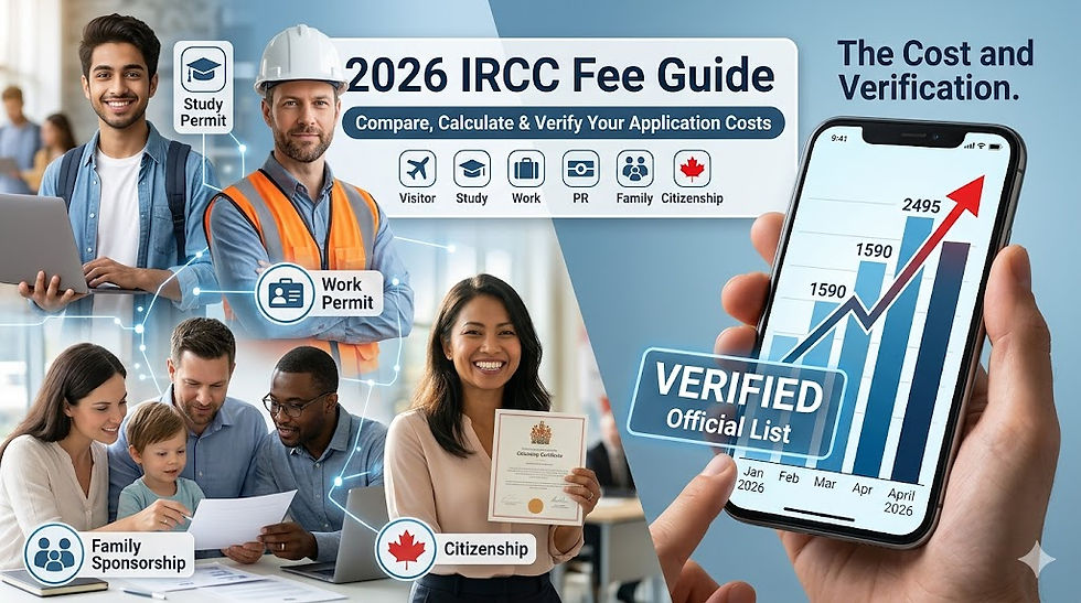 A modern, bright 16:9 blog cover collage, split vertically. The left side features diverse individuals representing major Canadian immigration categories (Study Permit, Work Permit, Family Sponsorship, Citizenship), each accompanied by a distinct icon. The right side shows a hand holding a smartphone which displays a rising bar chart graph, tracking costs from January 2026 to April 2026. A prominent red upward arrow indicates a sharp increase in April 2026, highlighted by a 'VERIFIED Official List' badge. The top center banner reads '2026 IRCC Fee Guide: Compare, Calculate & Verify Your Application Costs.