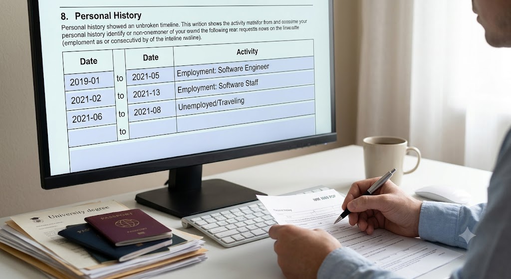 Hands methodically fill out IMM 5669, referencing a stack of sorted physical documents—a Canadian passport, a university degree, a lease agreement, and past contracts—on a wooden desk. A large computer monitor displays the digital IMM 5669 interface, showing Question 8: Personal History with a precise, gapless timeline of consecutive dates and activities. This detailed close-up photograph illustrates the meticulous attention required to build an unbroken history, complete with a pen poised to write and a coffee cup suggesting careful focus. Soft, natural light illuminates the organized workspace.