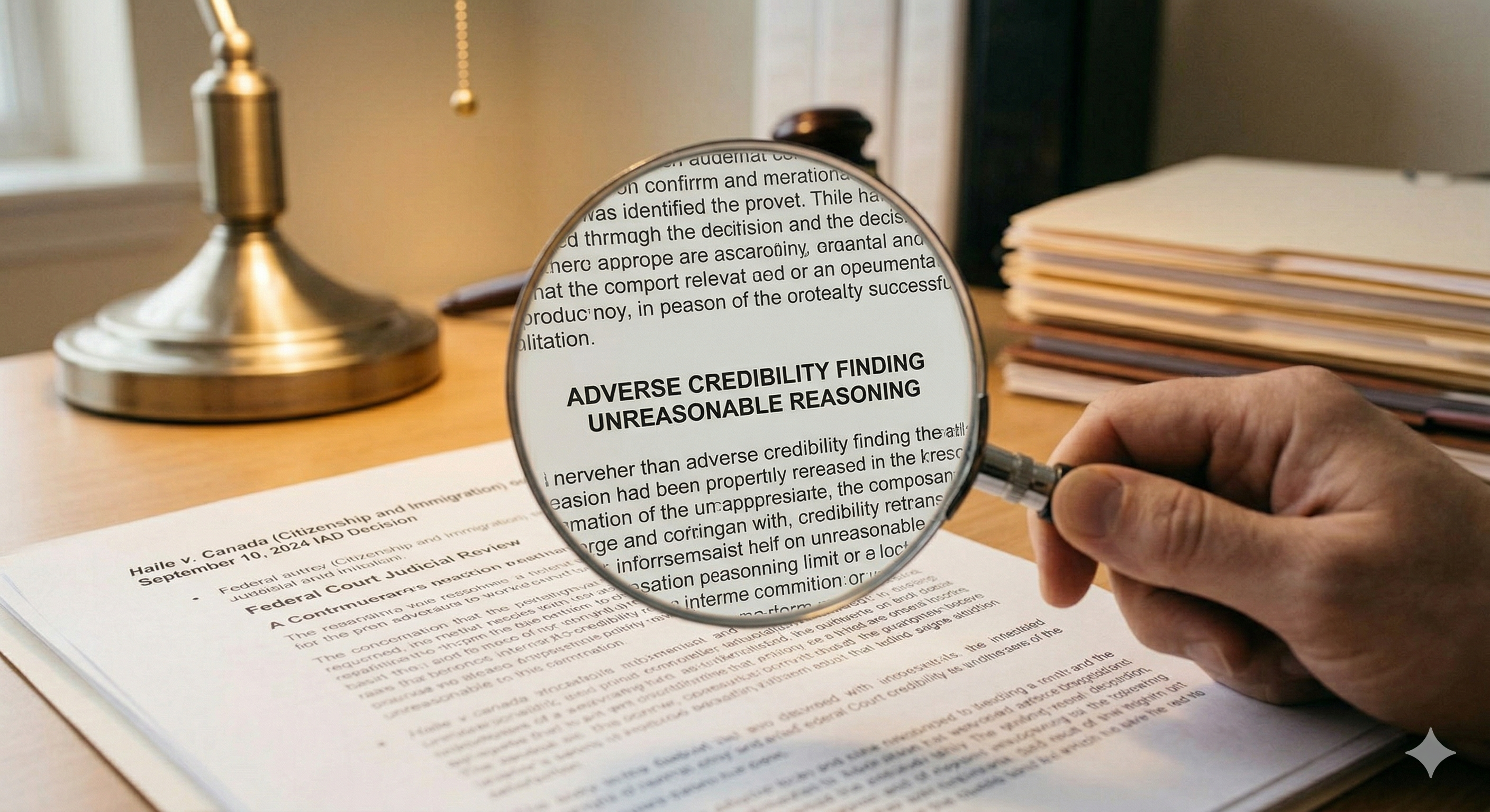 Magnifying glass focusing on a legal document highlighting adverse credibility findings and unreasonable reasoning in a Canadian immigration decision