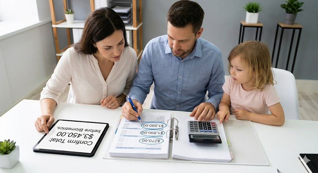 A photograph of a small family gathered around a desk, looking at an open binder. The father is using a blue pen to circle specific printed fee amounts on a spreadsheet, while the mother looks at a tablet displaying the total calculated cost.