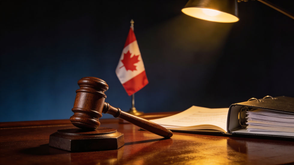A judge's gavel on a dark oak desk beside a Canadian flag and open legal documents, representing a Federal Court immigration ruling in Canada — cover image for Ansari Immigration blog.