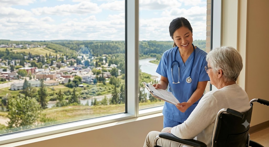 A smiling Asian nurse in blue scrubs shows charts to an elderly patient in a wheelchair inside a modern hospital room. Through a large window, a quiet Canadian small town, a winding river, and distant forests are visible under a bright, warm, naturally lit sky, emphasizing the relaxed atmosphere of a less-urban setting.
