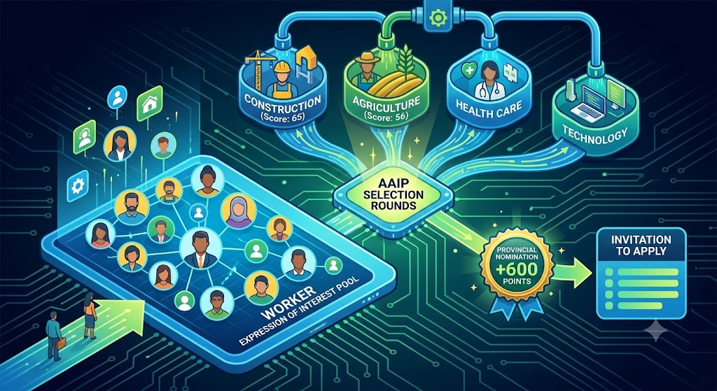 An infographic illustrating the Alberta Advantage Immigration Program selection process. Diverse candidate avatars enter a "WORKER EXPRESSION OF INTEREST POOL" and are sorted by an automated system into specific sector categories with varying cut-off scores, such as "CONSTRUCTION (Score: 65)" and "AGRICULTURE (Score: 56)". Selected profiles receive a digital badge marked "PROVINCIAL NOMINATION +600 POINTS."