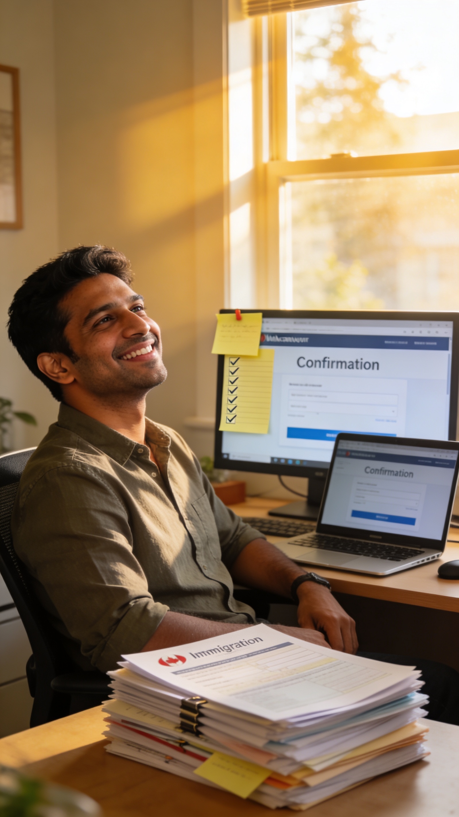 A confident young South Asian man smiles with relief at his tidy home office desk in Vancouver, with organized immigration documents, an open laptop showing a confirmation page, and a checklist sticky note on his monitor, representing the positive outcome of planning a PGWP transition 60 to 90 days in advance.