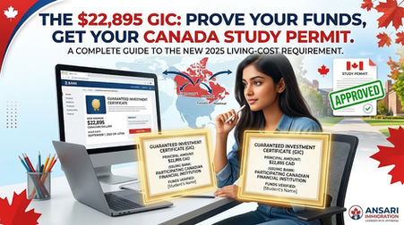 A detailed infographic cover image for an immigration blog post by Ansari Immigration. A South Asian female student sits at a desk, looking from her laptop towards a stylized physical Guaranteed Investment Certificate. A prominent title reads: 'THE $22,895 GIC: PROVE YOUR FUNDS, GET YOUR CANADA STUDY PERMIT.' A subtitle adds: 'A COMPLETE GUIDE TO THE NEW 2025 LIVING-COST REQUIREMENT.' The laptop displays a bank portal highlighting '$22,895 CANADIAN DOLLARS' as the 'NEW MINIMUM' and 'SEPTEMBER 1, 2025' or later as the 'ISSUE DATE'. The student holds a stylized, gold-framed GIC certificate confirming '$22,895 CAD' from a 'PARTICIPATING CANADIAN FINANCIAL INSTITUTION' and includes '[Student's Name]'. Red maple leaves frame the left and right. Behind her, a world map shows arrows connecting global locations to a red map of Canada with 'VANCOUVER', 'MONTREAL', and 'TORONTO' labeled. On the right, a Canadian Study Permit document has a large green 'APPROVED' stamp. In the bottom right corner