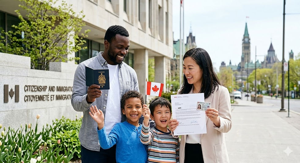 A candid outdoor photograph of a multi-ethnic family of four (Black father, East Asian mother, and two excited children) celebrating their newly acquired Canadian citizenship and permanent residency in Ottawa. They are in front of an IRCC building, with the smiling father holding an open blue Canadian passport, the joyful mother showing an officially stamped letter and a small plastic permanent resident card, and one child waving a tiny Canadian flag, all capturing their relief and happiness at the successful end of their immigration journey.