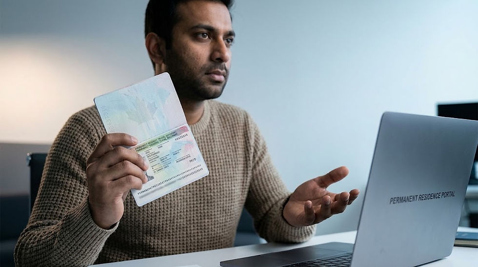 A man of South Asian descent sits at a desk in a modern office, holding up an open passport with a Canadian visa page visible. He has a concerned expression. In the foreground, his right hand gestures toward a laptop displaying the text 'PERMANENT RESIDENCE PORTAL' on the screen, illustrating the application process for a Canadian Permanent Resident Travel Document (PRTD) or card replacement.