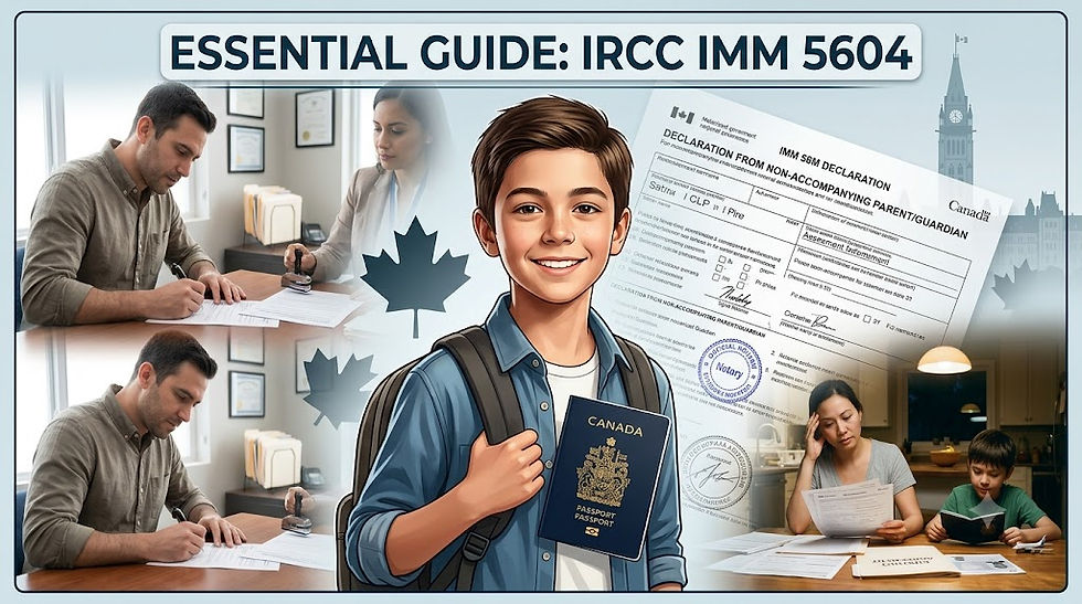 A graphic blog cover titled 'ESSENTIAL GUIDE: IRCC IMM 5604', featuring a smiling boy with a Canadian passport, an official document with a notary stamp, and photos showing notarization and a distressed mother, set against Canadian landmarks.
