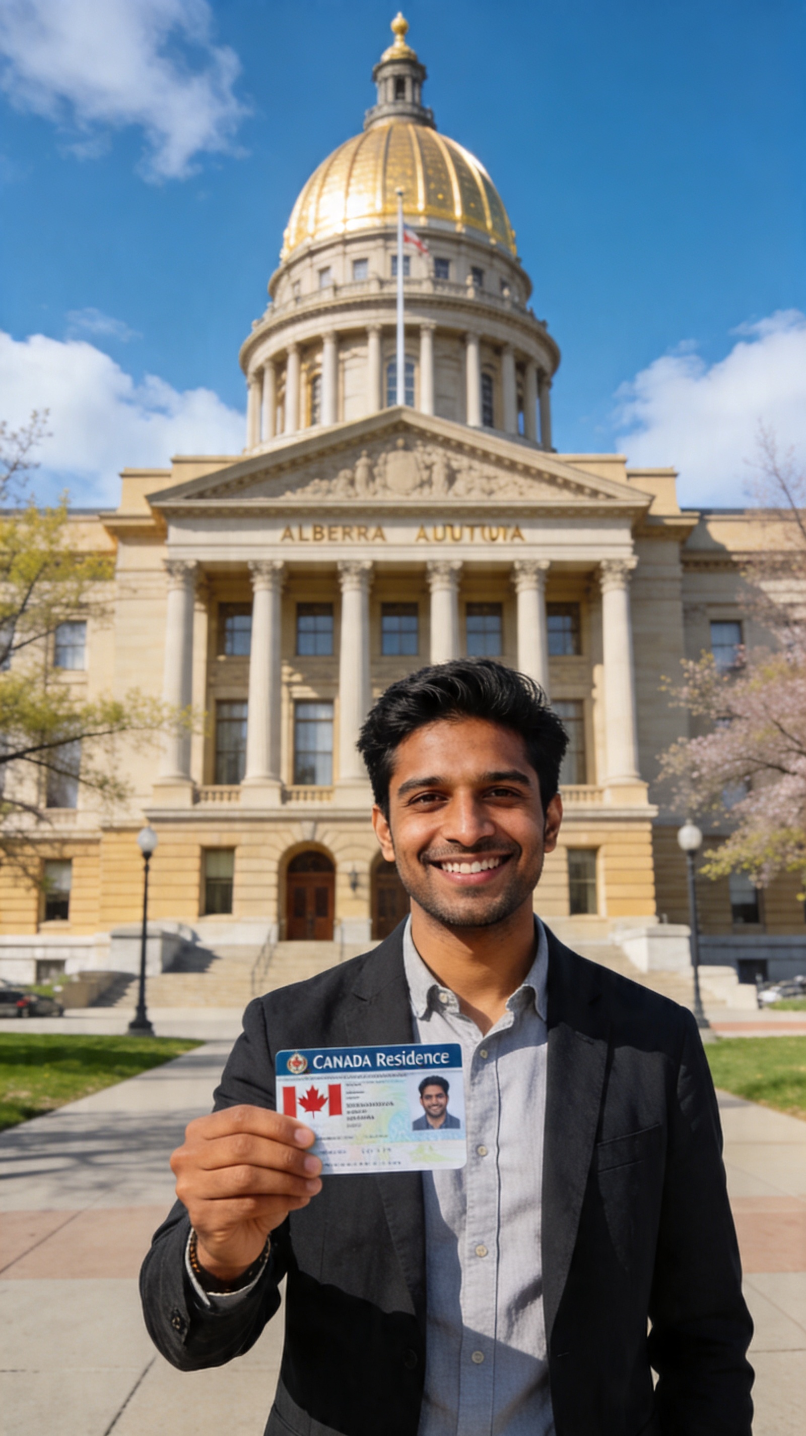 A South Asian immigrant holding a Canadian permanent residence card and standing in front of the Alberta legislature building in Edmonton on a sunny spring day