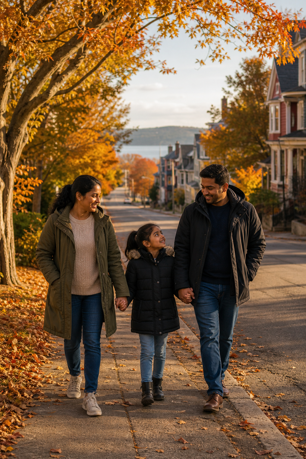 A diverse immigrant family walking along a quiet residential street in a small Atlantic Canadian town surrounded by autumn foliage, symbolizing settlement and long-term community integration in Newfoundland and Labrador