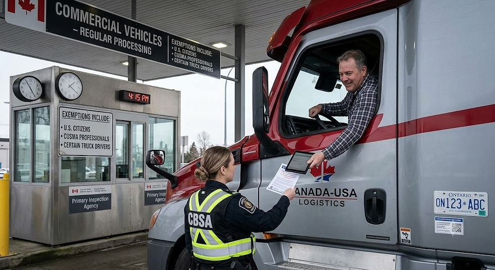 A photograph from a commercial truck lane at a Canadian border crossing on a grey day. A large red semi-truck is stopped, and a uniformed CBSA officer checks a tablet and papers held by the driver. A sign above the lanes lists exemptions including: U.S. CITIZENS, CUSMA PROFESSIONALS, and CERTAIN TRUCK DRIVERS.