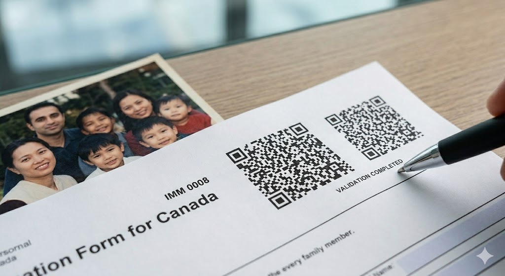 A close-up photograph showing a hand with a pen pointing to the 'VALIDATION COMPLETED' section of a Canadian IMM 0008 Generic Application Form. A large 2D barcode and a small family photo are visible on the form.