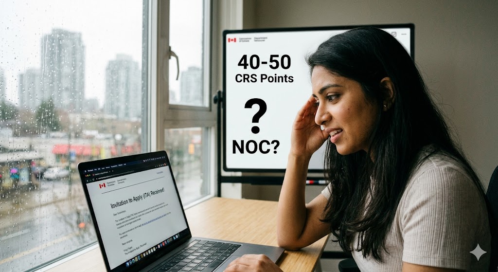 A young South Asian woman in a home office in Vancouver looks anxiously at her laptop screen displaying an Express Entry 'Invitation to Apply' notification, with graphic overlays highlighting potential CRS point risks.