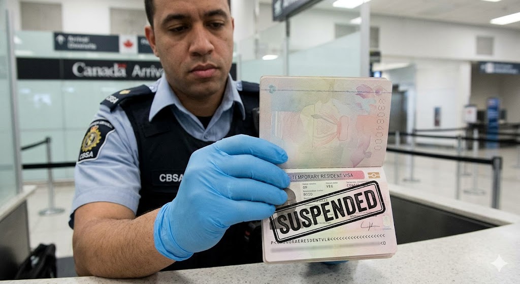 A close-up photograph of a uniformed CBSA officer holding up an open passport. Stamped prominently in large black capital letters across the temporary resident visa page is the word 'SUSPENDED'.