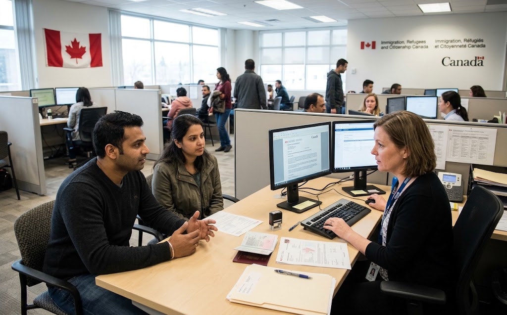 A South Asian couple seated at a desk in a busy Canadian immigration office, speaking with a female IRCC officer who is reviewing their passport and Confirmation of Permanent Residence (COPR) documents.