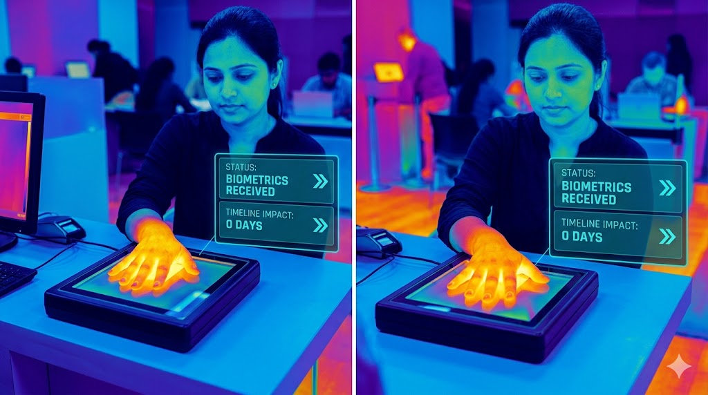 A modern infrared thermal photograph inside a Canadian Biometrics Collection Centre in India. The image focuses on an applicant's hand glowing bright yellow-orange as her fingerprints are scanned. A blue-green digital interface panel next to the scanner, matching the data display style from image_0.png, clearly shows 'STATUS: BIOMETRICS RECEIVED' and 'TIMELINE IMPACT: 0 DAYS', indicating the appointment is part of the standard processing window. The rest of the scene is in cool thermal tones.