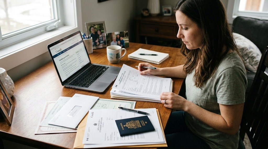 A woman sitting at a dining table, filling out a paper "Application for a Citizenship Certificate" while referencing the official Canada.ca immigration website on her laptop, with a Canadian passport, birth records, and pens spread out before her.