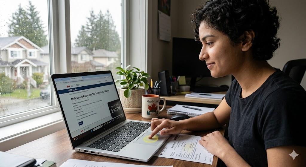 A woman sits smiling at a desk by a rainy window, working on a laptop displaying a Canadian immigration application form to extend her work status. She points to the touchpad, surrounded by papers and a 'Maple Leaf' mug.