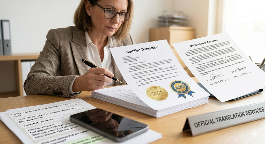 A professional female translator, wearing glasses, sits at a desk and signs a printed 'Certified Translation' document with an official gold seal and an attached 'Declaration of Accuracy.