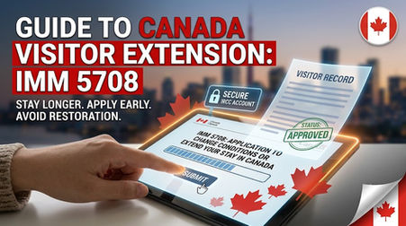 A descriptive blog cover for a guide to extending a Canada visitor visa using the IMM 5708 form. The large, red-and-white text title reads: 'GUIDE TO CANADA VISITOR EXTENSION: IMM 5708'. Below it, a subtitle states: 'STAY LONGER. APPLY EARLY. AVOID RESTORATION.' A hand is positioned to press a glowing virtual 'SUBMIT' button for an electronic application. Visible logos include the Canadian flag and a 'SECURE IRCC ACCOUNT' padlock. The submission leads to a visualized 'VISITOR RECORD' document with a large 'STATUS: APPROVED' stamp. The bottom right includes the 'Ansari Immigration' logo.