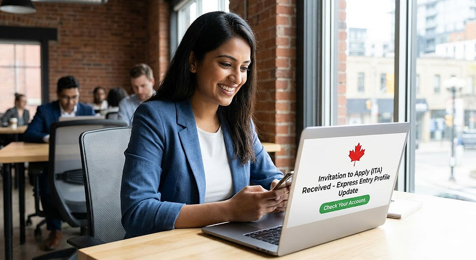 A smiling woman at her laptop in a co-working space, which displays an 'Invitation to Apply (ITA) Received' notification for Canadian Express Entry.