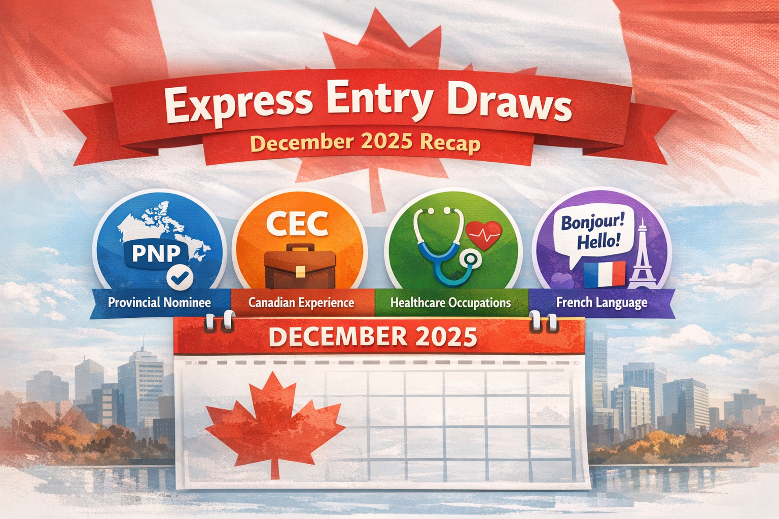 Express Entry draws December 2025 overview showing CEC, PNP, healthcare and French category based immigration in Canada