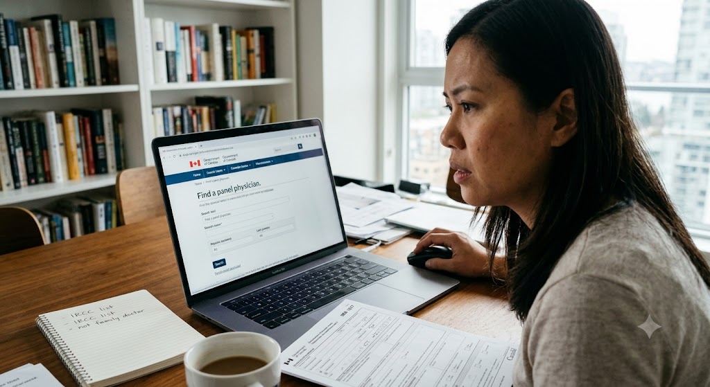 A photo of a woman of East Asian descent sitting at a wooden dining table and using a laptop to search the official Government of Canada website. Her hand is on a computer mouse. The laptop screen clearly shows the webpage header "Find a panel physician" and a "Search" field, illustrating an applicant searching IRCC's list. A coffee mug, a notebook with handwriting "IRCC list" and "not family doctor", and forms are on the table. In the background, there's a built-in bookshelf and a large window view of a city skyline.