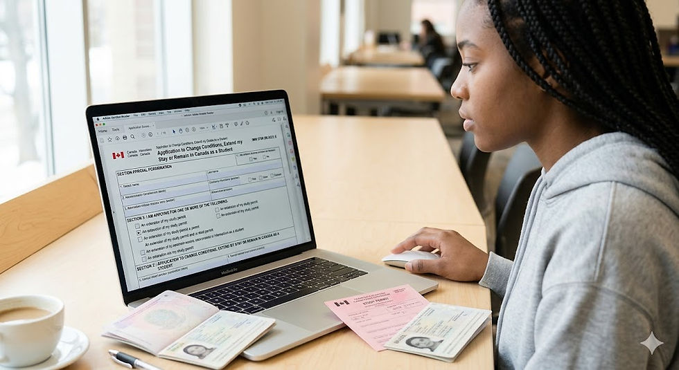 A close-up photograph of a female international student focused on filling out the digital IMM 5709 application form on a laptop. An open Canadian Study Permit and a passport are visible on the desk beside her. She is actively using a mouse in a sunlit university study area.