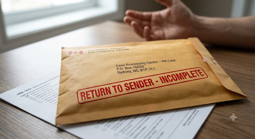 A close-up photograph of a brown mailing envelope stamped "RETURN TO SENDER - INCOMPLETE" in large red letters, addressed to the "Case Processing Centre – PR Card" in Sydney, Nova Scotia. A document titled "IMM 5644: Document Checklist" is partially visible next to it on a wooden table.