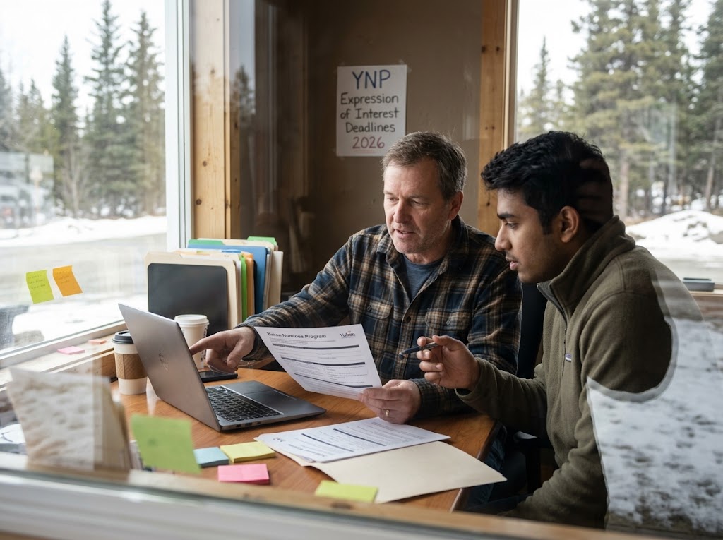 A candid view through an office window, showing a Yukon employer and a younger worker reviewing papers together inside a local business. The older man, in a plaid shirt, points to a laptop screen while holding a document titled 'Yukon Nominee Program.' The younger man, in a green fleece, watches intently, holding a pen. Scattered on the desk are forms, file folders, notebooks, sticky notes, and coffee cups. On the wall behind them, a handwritten sign reads 'YNP Expression of Interest Deadlines 2026.' Through the window, snowy ground and evergreen trees are visible, with reflections lightly visible on the glass.