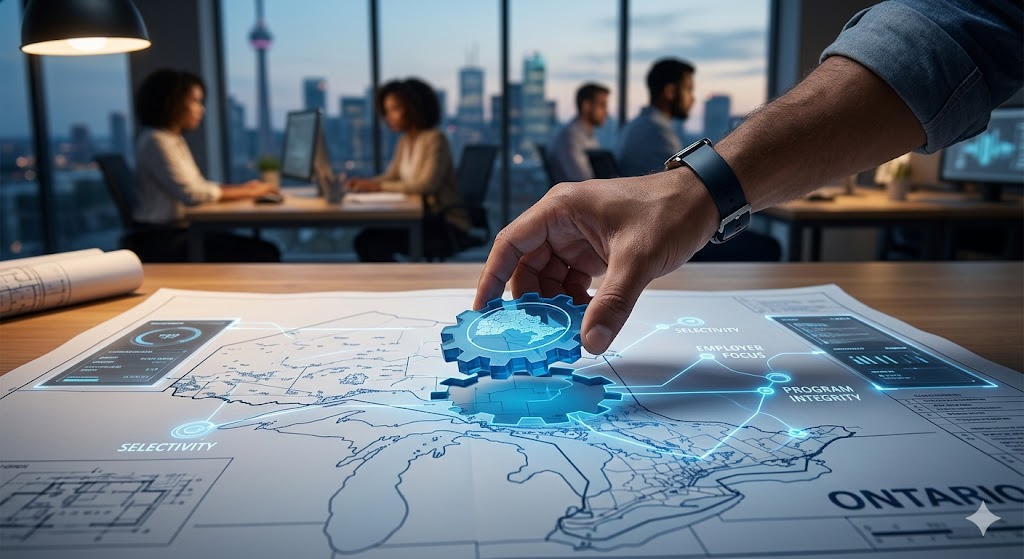A close-up photograph of a professional's hand placing a stylized blueprint gear piece onto a map of Ontario, representing the regulatory changes taking effect.