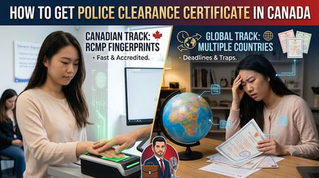 A two-panel infographic illustrating the process of obtaining police clearance certificates for Canadian immigration. On the left, titled "CANADIAN TRACK: RCMP FINGERPRINTS," a happy woman has her palm scanned by a green-lit biometric device; text describes "Fast & Accredited." A small map icon with a Canadian maple leaf is shown. On the right, titled "GLOBAL TRACK: MULTIPLE COUNTRIES," the same woman looks stressed and overwhelmed, rubbing her temple at a cluttered desk with a globe, a pile of foreign documents, and certificates; text highlights "Deadlines & Traps." Glowing digital lines, multiple foreign flags, and clocks are visualized above the documents. In the center, a cartoon illustration shows professional consultant Amir Ansari with a briefcase and microphone, smiling confidently. Across the top, large bold text reads "HOW TO GET POLICE CLEARANCE CERTIFICATE IN CANADA." The background features subtle digital biometric data streams.