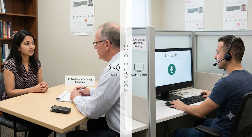 A split-screen image comparing language test formats. The left side shows a candidate having a face-to-face speaking interview with an examiner, labeled "IELTS Speaking Interview." The right side shows a candidate wearing a headset in a computer carrel taking a test, labeled "CELPIP Computer Test.