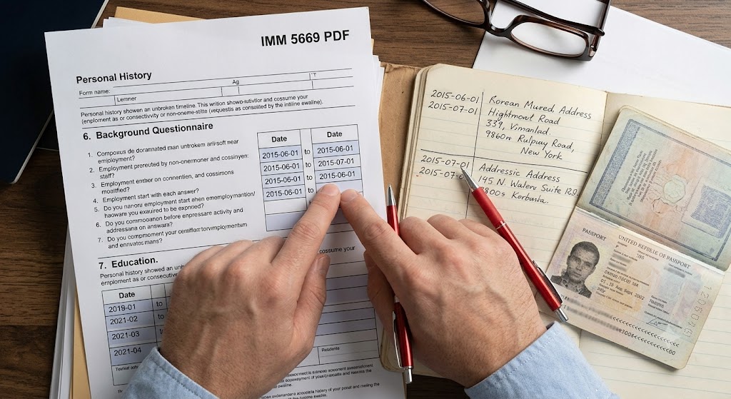 A top-down photograph shows a hand conducting a meticulous self-audit on a wooden desk, comparing data on a printed IMM 5669 PDF (specifically Question 6) with handwritten notes in an old notebook and a faint photocopy of a parent's old identity document. The index finger points precisely at a conflicting date entry between the form and the notes, capturing the critical importance of verification and the danger of approximate memory. Crumpled drafts and reading glasses sit nearby, illustrating the tension of self-review. Focused light highlights the paper discrepancies, and a blurred monitor displays a general data list.