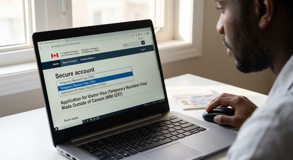 A man of Nigerian descent in a home office uses a laptop. The screen displays the official IRCC portal where the "Temporary Resident Visa (TRV)" option is selected from a dropdown menu, and the form "IMM 5257" titled "Made Outside of Canada" is visible. A valid Canadian permit is blurred on the desk.