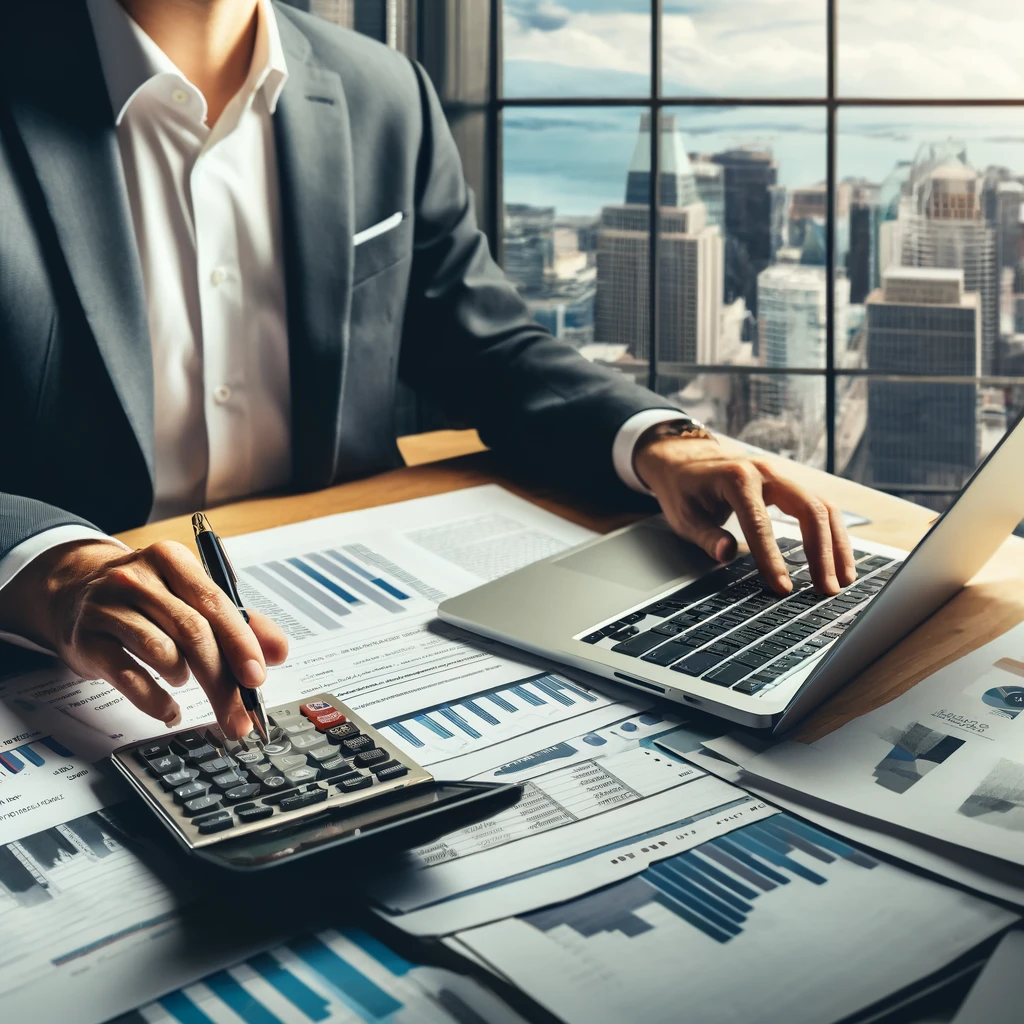 An entrepreneur presenting a detailed business plan with charts and graphs to a small group, set in a modern office environment in Canada.