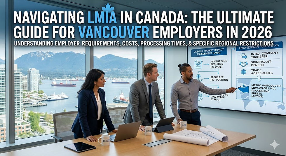 A comprehensive blog post cover graphic titled "NAVIGATING LMIA IN CANADA: THE ULTIMATE GUIDE FOR VANCOUVER EMPLOYERS IN 2026," including the subtitle "UNDERSTANDING EMPLOYER REQUIREMENTS, COSTS, PROCESSING TIMES, & SPECIFIC REGIONAL RESTRICTIONS." The graphic features detailed information about "Labour Market Impact Assessment (LMIA)" and "LMIA-Exempt Pathways," highlighting "Advertising Required (28 Days)," "$1,000 Fee Per Position," "High-Wage vs Low-Wage Stream," and specifically pointing to "Metro Vancouver: Low-Wage LMIA Processing Freeze (Active)" on a map of the region, set against a background of a modern boardroom overlooking the Vancouver skyline and North Shore mountains.