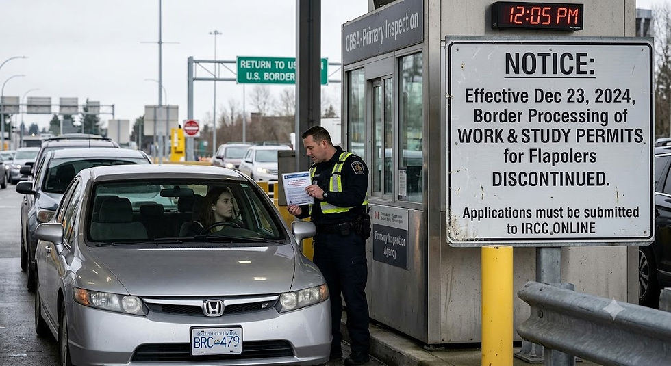 A photograph of a female driver stopped at a CBSA border checkpoint booth on a cloudy day. A uniformed officer speaks with her through the car window. A large, legible official sign on the right reads: NOTICE: Effective Dec 23, 2024, Border Processing of WORK & STUDY PERMITS for Flapolers DISCONTINUED. Applications must be submitted to IRCC_ONLINE.